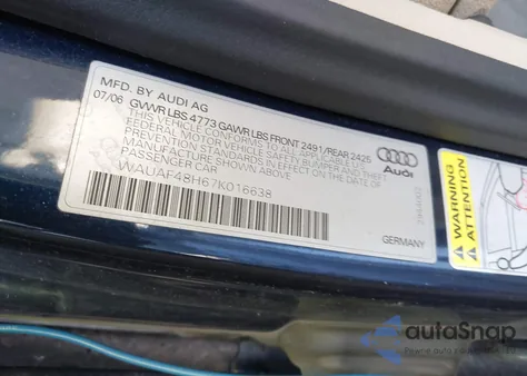 2007 Audi A4 2.0T from USA, damaged, VIN WAUAF48H67K016638